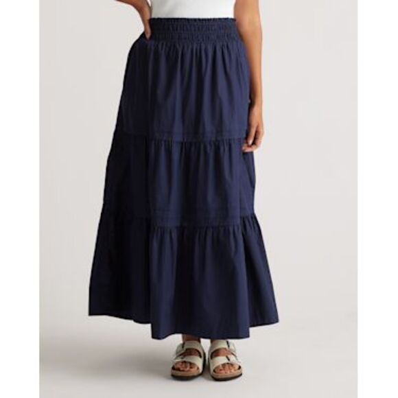 Quince Womens 100% Organic Cotton Poplin Tiered Maxi Skirt Navy Basic XS - Picture 1 of 3